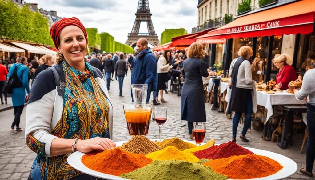 Capture the vibrant colors and rich aromas of African spices in the heart of Paris. Show a plate filled with mouth-watering traditional dishes, each bursting with distinct flavors that transport you to the streets of Africa. Include